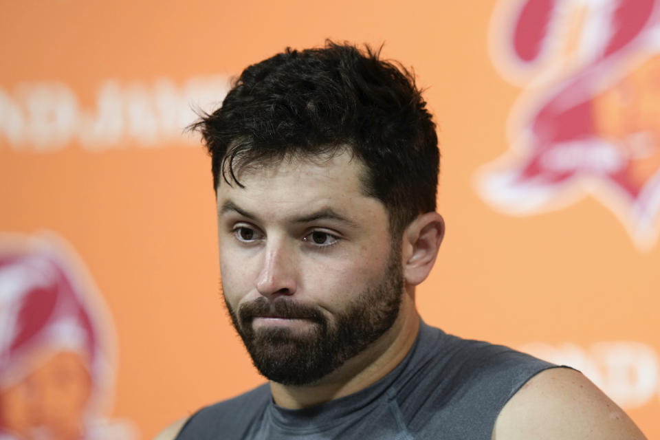 Tampa Bay Buccaneers quarterback Baker Mayfield talks after an NFL football game against the Detroit Lions Sunday, Oct. 15, 2023, in Tampa, Fla. (AP Photo/Chris O'Meara)