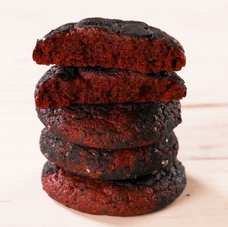 <p>Toss red velvet cookies in black cocoa for a delicious and spooky flavor. </p><p><em><strong>Get the recipe at <a href="https://www.delish.com/holiday-recipes/halloween/a28915161/death-by-halloween-cookies-recipe/" rel="nofollow noopener" target="_blank" data-ylk="slk:Delish;elm:context_link;itc:0;sec:content-canvas" class="link ">Delish</a>.</strong></em></p>