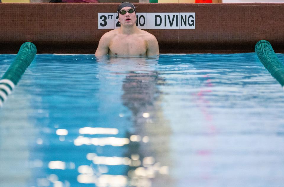 Saint Joseph swimmer Sam Sierra during senior night activities Tuesday, Jan. 11, 2021 at Washington High School in South Bend.  