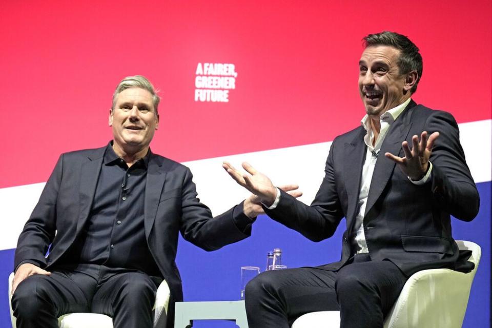 labour leader sir keir starmer speaks with gary neville at the labour party conference at the acc on september 26, 2022 in liverpool
