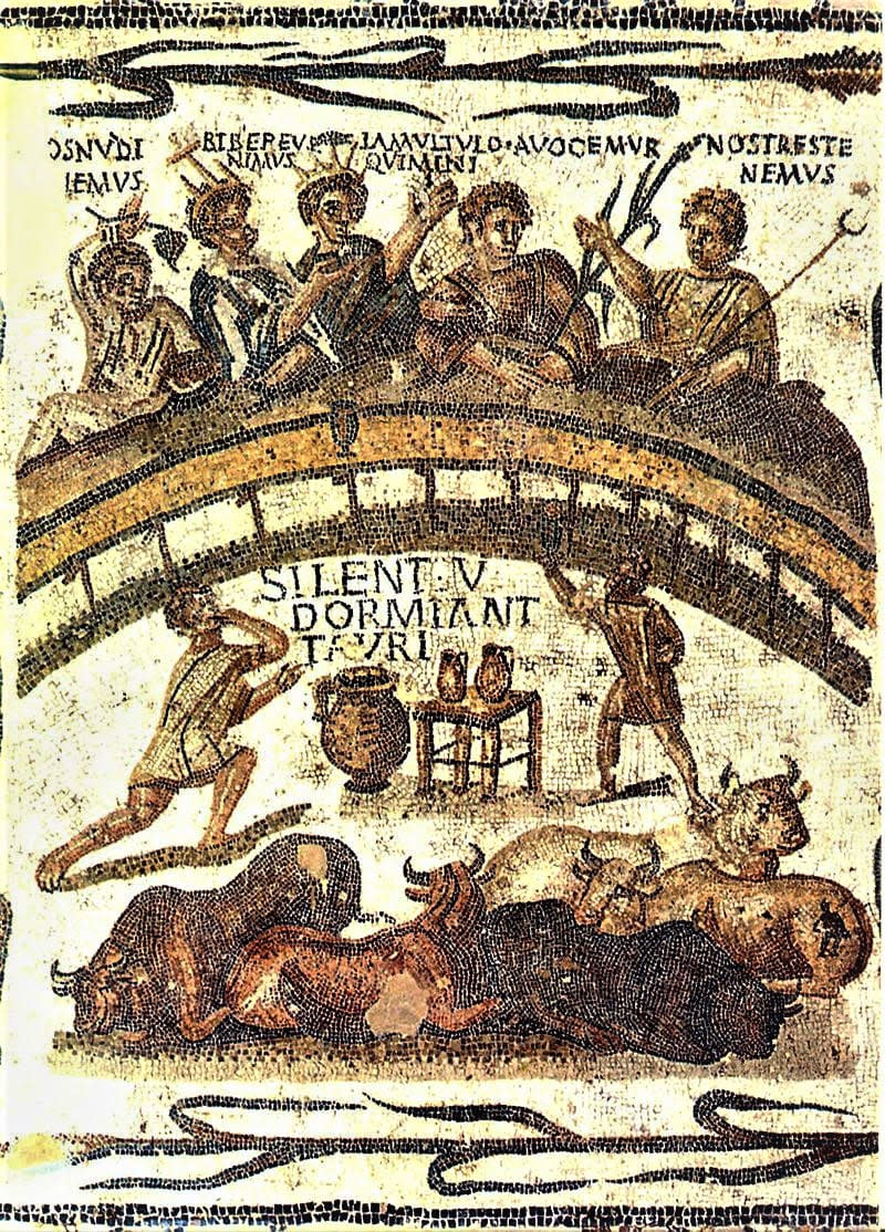 意大利語 Lazio 源自拉丁語Latium ，即拉丁人所在的地區。圖：Tunisia（羅馬帝國北非行省）馬賽克（Mosaic，220–250 AD）上有拉丁文標題「Silentiu[m] dormiant tauri （安靜！讓公牛們睡覺）」／維基百科