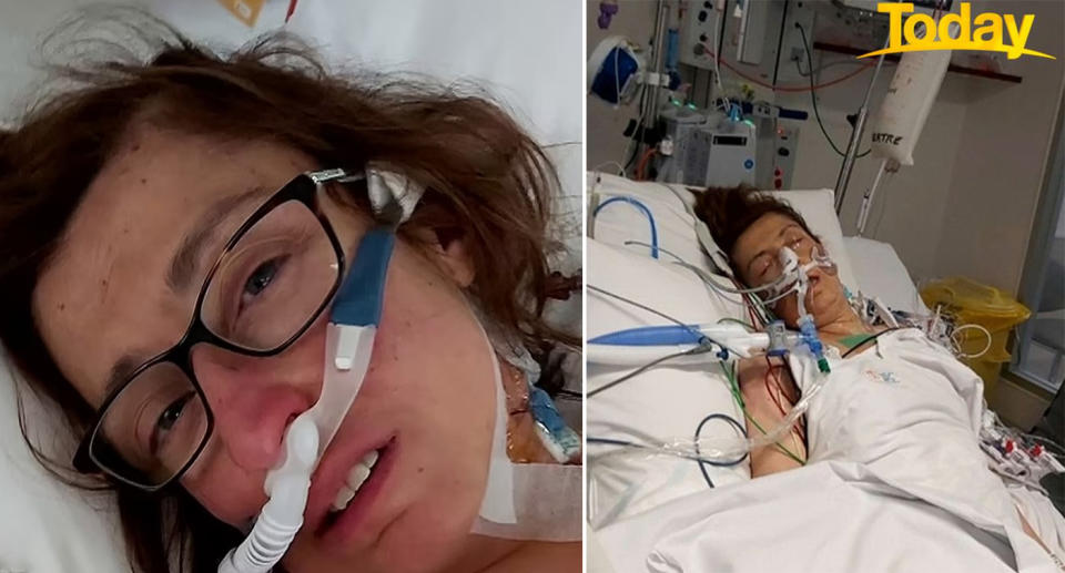 Vicki Derderian lies in a hospital bed with tubes connected to her nose. She's being denied a heart transplant because she hasn't had a Covid vaccination.