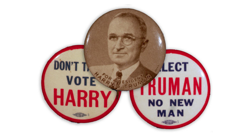 Buttons read read "Don't tarry, vote Harry" and "Elect Truman, no new man" on either side of a button showing Truman's face, reading "Harry S Truman for president"