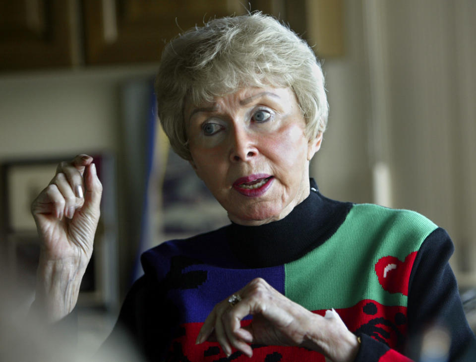 In this Feb. 4, 2004 file photo, Audrey Geisel, widow of Dr. Seuss creator Theodor Geisel, appears during an interview at her home in the La Jolla area of San Diego. Geisel died peacefully at home on Wednesday, Dec. 19, 2018, at age 97. (AP Photo/Lenny Ignelzi, File)