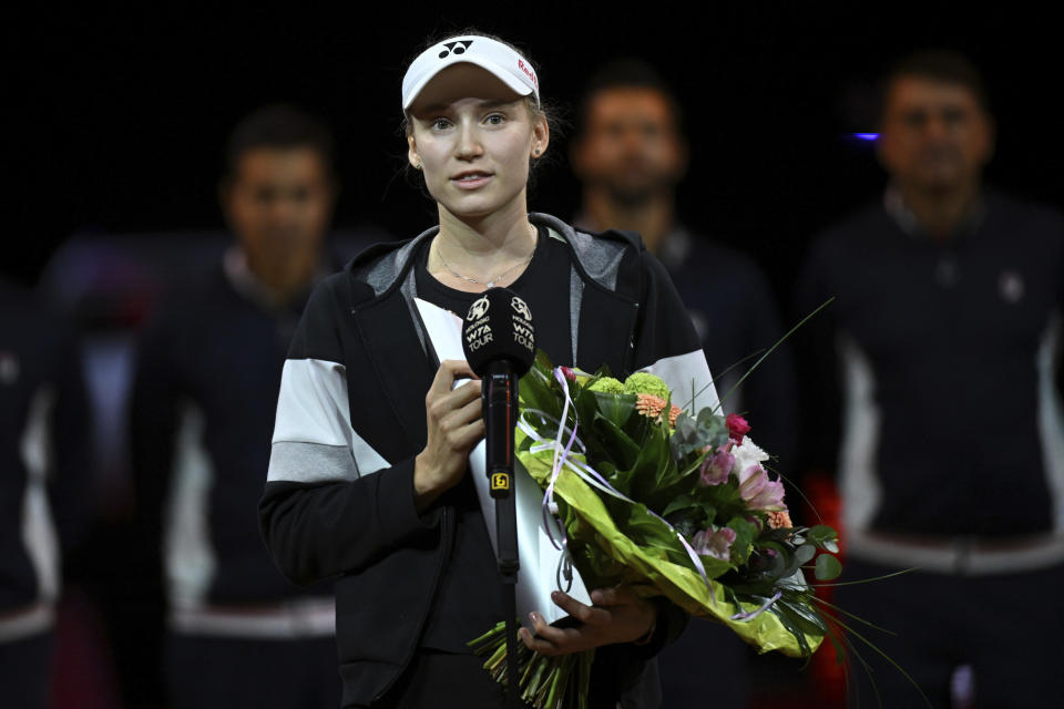 Kazakhstan's Elena Rybakina speaks after winning the Women Singles tennis tournament of Stuttgart, Germany, Sunday April 21, 2024. (Marijan Murat/dpa via AP)