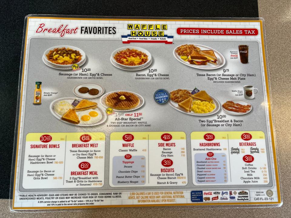 Waffle House menu.