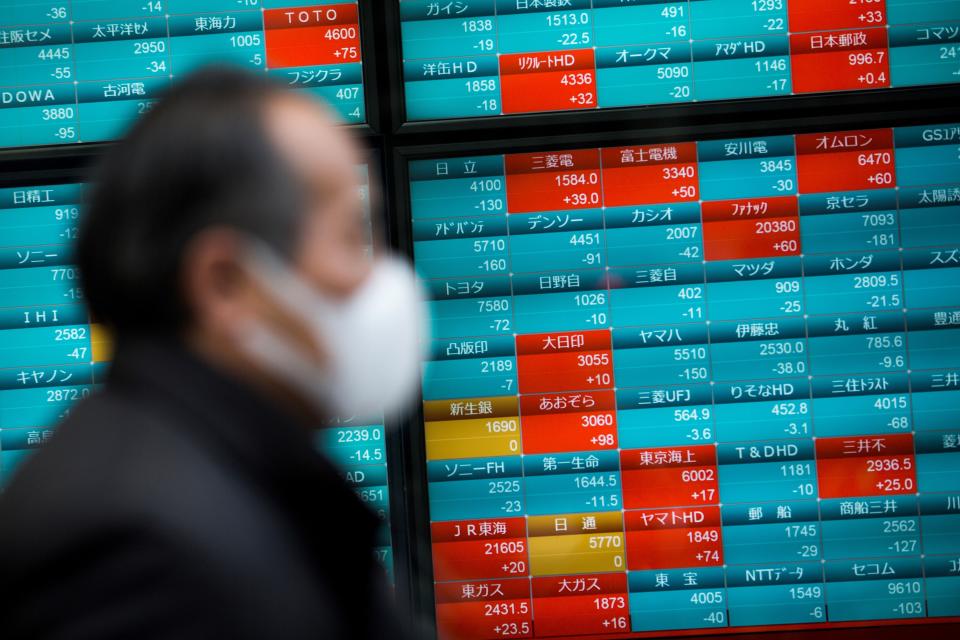 A pedestrian wearing a face mask walks past a stock indicator displaying share prices of the Tokyo Stock Exchange in Tokyo on February 3, 2020. - Tokyo stocks dropped on February 3 as the Chinese market plunged after investors returned from an extended holiday during which the new coronavirus outbreak drove down the global market. (Photo by Behrouz MEHRI / AFP) (Photo by BEHROUZ MEHRI/AFP via Getty Images)