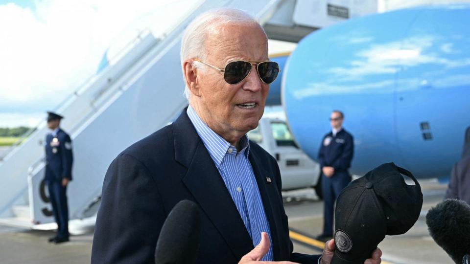 PHOTO: President Joe Biden speaks with the press before boarding Air Force One prior to departure from Dane County Regional Airport in Madison, Wisconsin, July 5, 2024. (Saul Loeb/AFP via Getty Images)