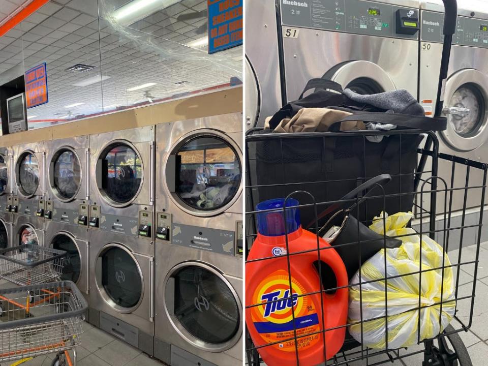 Side by side photos of a laundromat and laundry basket