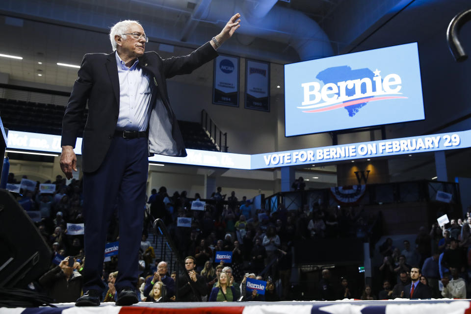 Democratic presidential candidate Sen. Bernie Sanders, I-Vt., waves during a campaign event, Thursday, Feb. 27, 2020, in Spartanburg, S.C. (AP Photo/Matt Rourke)