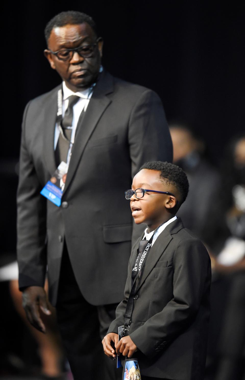 Jaxon Lewis Brewster, 7, great-nephew of John Lewis, speaks during “The Boy From Troy” memorial service celebrating the civil rights icon and U.S. Congressman at Trojan Arena Saturday, July 25, 2020 in Troy, Ala.