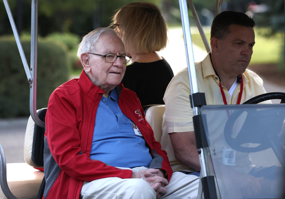 SUN VALLEY, IDAHO - JULY 07: Chairman and CEO of Berkshire Hathaway Warren Buffett rides in a golf cart at the Allen & Company Sun Valley Conference on July 07, 2021 in Sun Valley, Idaho. After a year hiatus due to the COVID-19 pandemic, the world&#x002019;s most wealthy and powerful businesspeople from the media, finance, and technology worlds will converge at the Sun Valley Resort for the exclusive weeklong conference. (Photo by Kevin Dietsch/Getty Images)