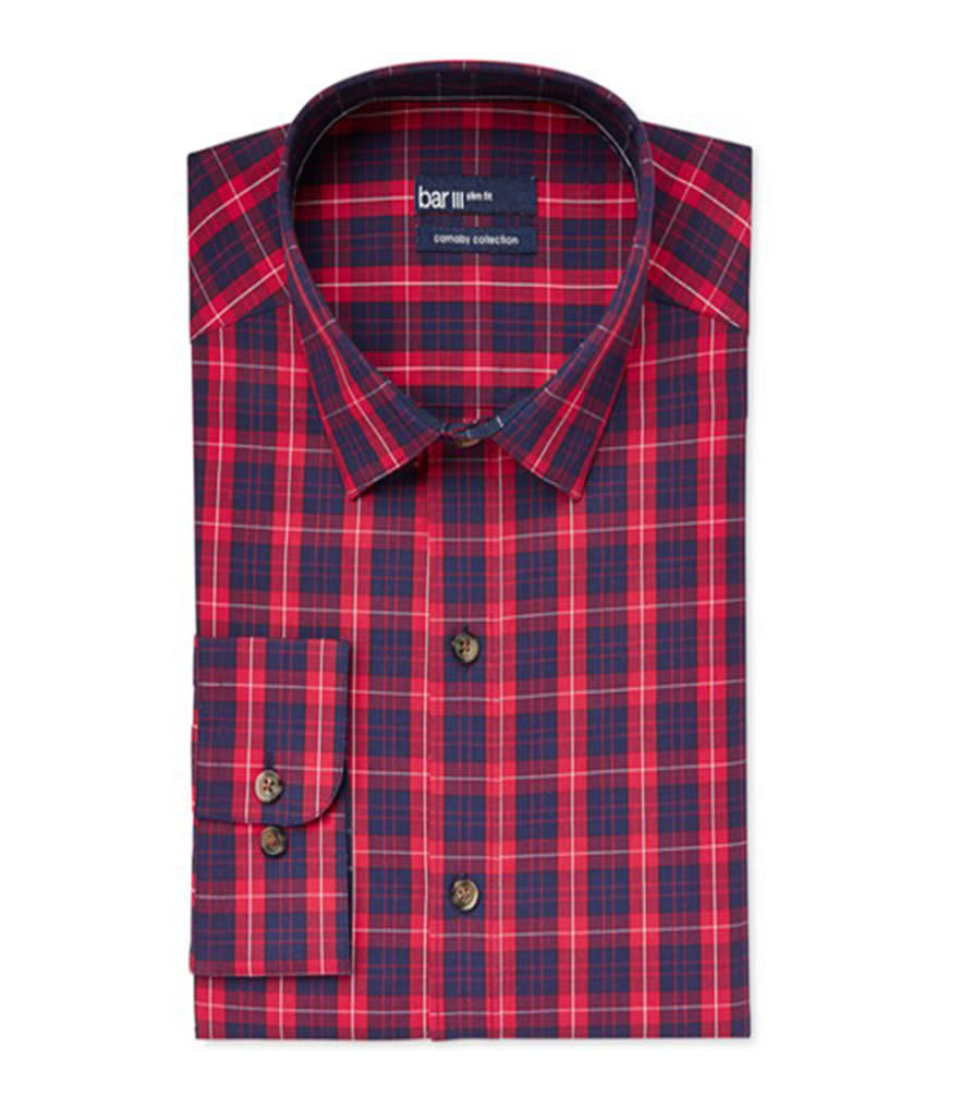 <p>Bar III Carnaby Collection Slim-Fit Red Blue Medium Plaid Dress Shirt, $35, <a href="http://www1.macys.com/shop/product/bar-iii-carnaby-collection-slim-fit-red-blue-medium-plaid-dress-shirt-only-at-macys?ID=2243548&pla_country=US&CAGPSPN=pla&CAWELAID=120156340003801312&catargetid=120156340002596104&cadevice=c&cm_mmc=Google_Mens_PLA_PLA-_-Men%27s+Apparel+-+Men%27s+Dress+Shirts+-+GS_Bar+Iii-_-75523289465_-_-_mkwid_7whdgVfz%7Cdc_75523289465%7C-%7C7whdgVfz" rel="nofollow noopener" target="_blank" data-ylk="slk:macys.com;elm:context_link;itc:0;sec:content-canvas" class="link ">macys.com</a></p>