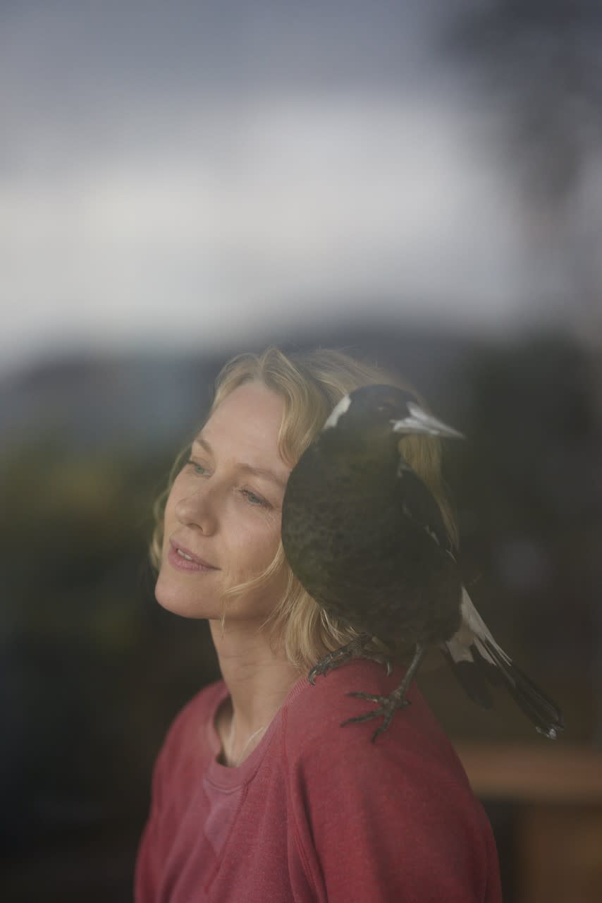 Naomi in character as Sam Bloom with magpie 'Penguin'. Photo: Hugh Stewart (supplied).