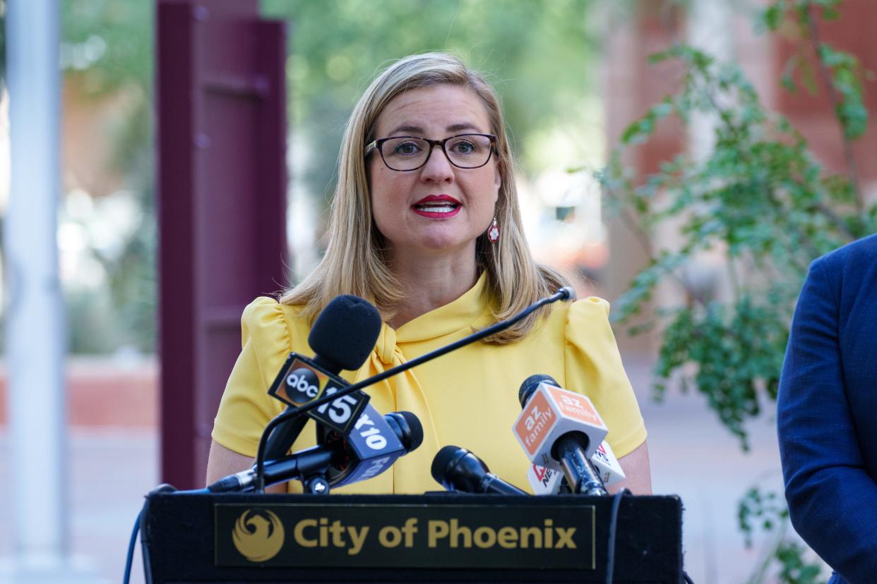 Phoenix Mayor Kate Gallego speaks to the press about Arizona's extreme heat and possible improvements in the response to and prevention of heat-related issues on June 9, 2023, in Phoenix.