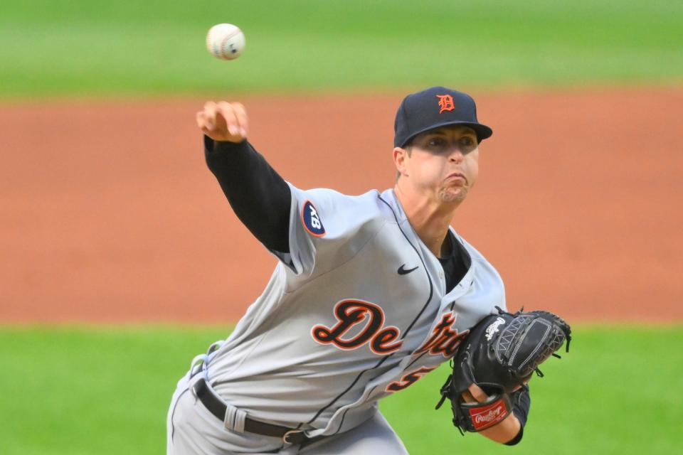 Tigers pitcher Garrett Hill delivers a pitch in the first inning on Tuesday, Aug. 16, 2022, in Cleveland.