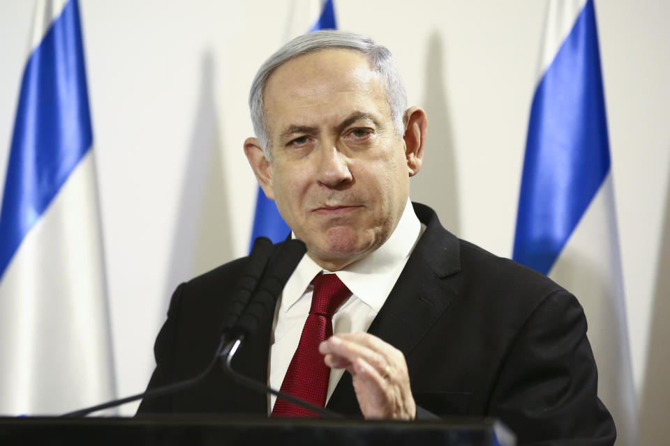 Israeli Prime Minister Benjamin Netanyahu, speaks during a press conference following the killing of a senior Islamic Jihad commander in Gaza by Israel, in Tel Aviv, Israel, Tuesday, Nov. 12, 2019. (AP Photo/Oded Balilty)