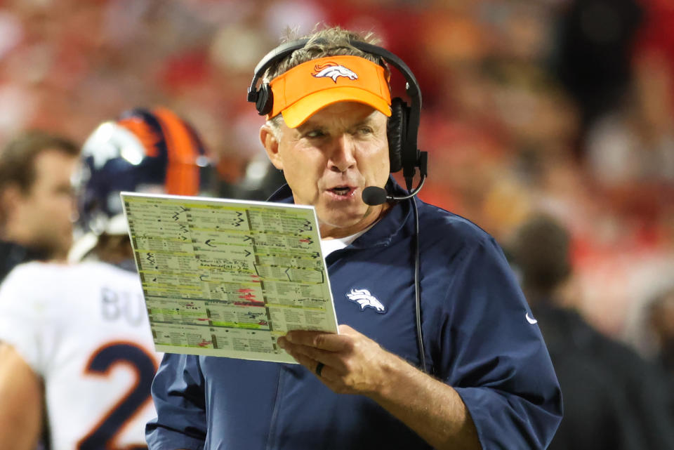 Denver Broncos head coach Sean Payton isn't worried about his play sheet being broadcast on television.  (Photo by Scott Winters/Icon Sportswire via Getty Images)