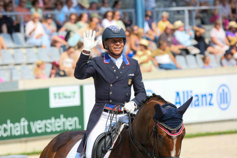 AACHEN, GERMANY - JUNE 30: Steffen Peters of USA with Suppenkasper at the competion Grand Prix CDIO5 Evaluation for the Lambertz Nations Cup during the World Equestrian Festival CHIO Aachen 2022 on June 30, 2022 in Aachen, Germany. (Photo by Musall/DeFodi Images via Getty Images)