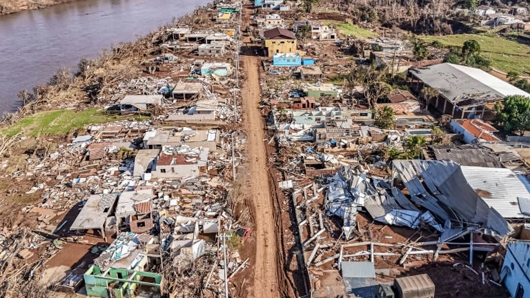 This photo released by the Brazilian Presidency shows destroyed houses in southern Brazil on June 6, 2024. The country has been battered by a series of extreme weather events, most recently once-in-a-century flooding in the state of Rio Grande do Sul that left more than 170 people dead. (Ricardo STUCKERT)