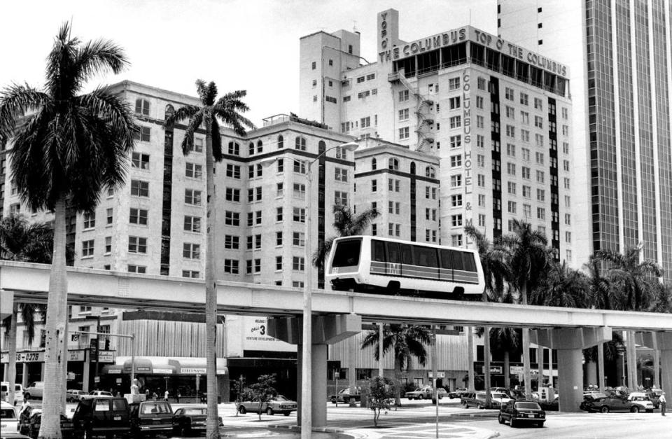McAllister and Columbus Hotels, with Metromover in the foreground in 1987. John Kral/Miami Herald File