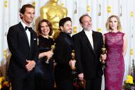 ** Lora Hirschberg (left), Gary Rizzo (centre) and Ed Novick (right) with the Best Sound Mixing award, received for Inception, with Matthew McConaughey and Scarlett Johansson at the 83rd Academy Awards at the Kodak Theatre, Los Angeles.