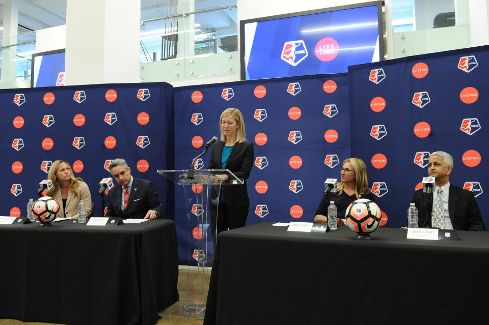 NEW YORK, NY - FEBRUARY 02:  (L-R) Sky Blue FC defender Christie Rampone, NWSL Commissioner Jeff Plush, managing director of operations for the NWSL Amanda Duffy, CEO of A&E Networks Nancy Dubuc, and U.S. Soccer President Sunil Gulati attend the Lifetime National Women's Soccer League press conference on February 2, 2017 in New York City.  (Photo by Craig Barritt/Getty Images for Lifetime)