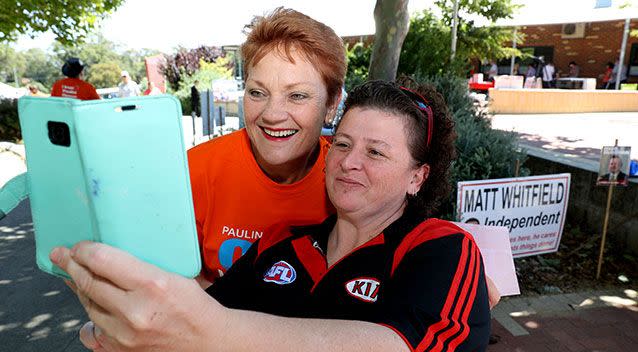 Pauline Hanson poses with a fan. Picture: AAP