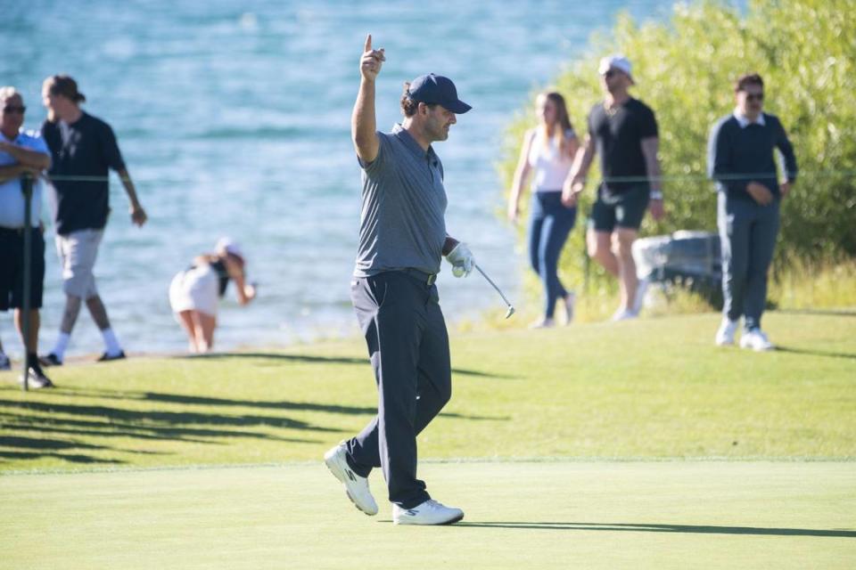 Former Pro Bowl quarterback Tony Romo acknowledges fans on Thursday, July 13, 2023, during a practice round at the 18th hole during the American Century Championship celebrity golf tournament at Edgewood Tahoe Golf Course in Stateline, Nev.