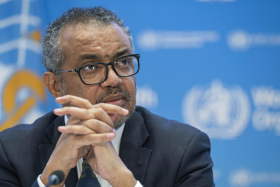 FILE - Tedros Adhanom Ghebreyesus, director general of the World Health Organization, speaks during a news conference at WHO headquarters in Geneva, Switzerland, Wednesday, Dec. 14, 2022. Internal documents obtained by the Associated Press show the World Health Organization knew of past sexual misconduct charges against a doctor who was accused of harassing a woman in the fall. (Martial Trezzini/Keystone via AP, File)