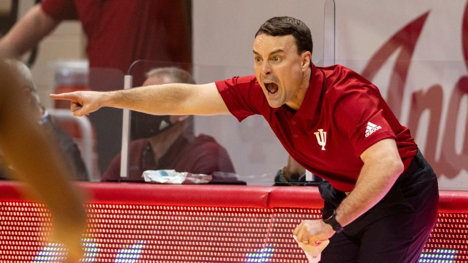 Mandatory Credit: Photo by Doug McSchooler/AP/Shutterstock (11749894f)Indiana head coach Archie Miller reacts to the action on the court during the first half of an NCAA college basketball game against Iowa, in Bloomington, IndIowa Indiana Basketball, Bloomington, United States - 07 Feb 2021.