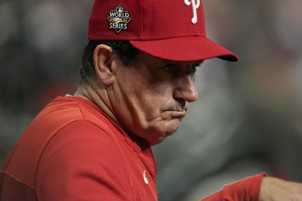 Philadelphia Phillies manager Rob Thomson watches play during the sixth inning in Game 2 of baseball's World Series between the Houston Astros and the Philadelphia Phillies on Saturday, Oct. 29, 2022, in Houston. (AP Photo/Eric Gay)