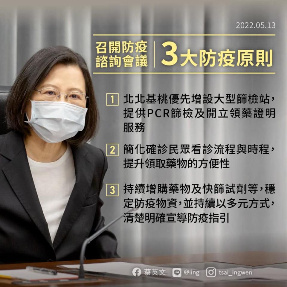 蔡英文會議中指示「3大防疫原則」，被認為是間接認證「陳時中做不好的地方」。   圖：翻攝蔡英文臉書