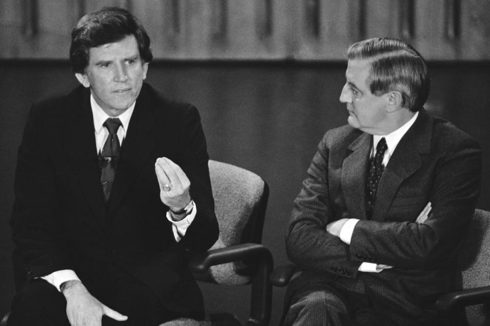 Sen. Gary Hart (left) and frontrunner Walter Mondale debate in New Hampshire in January 1984.