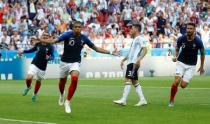 Soccer Football - World Cup - Round of 16 - France vs Argentina - Kazan Arena, Kazan, Russia - June 30, 2018 France's Kylian Mbappe celebrates scoring their fourth goal REUTERS/Michael Dalder