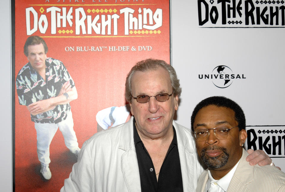FILE - In this Monday, June 29, 2009, file photo, director Spike Lee, right, and actor Danny Aiello attend a special 20th anniversary screening of "Do the Right Thing," in New York. (AP Photo/Peter Kramer, File)
