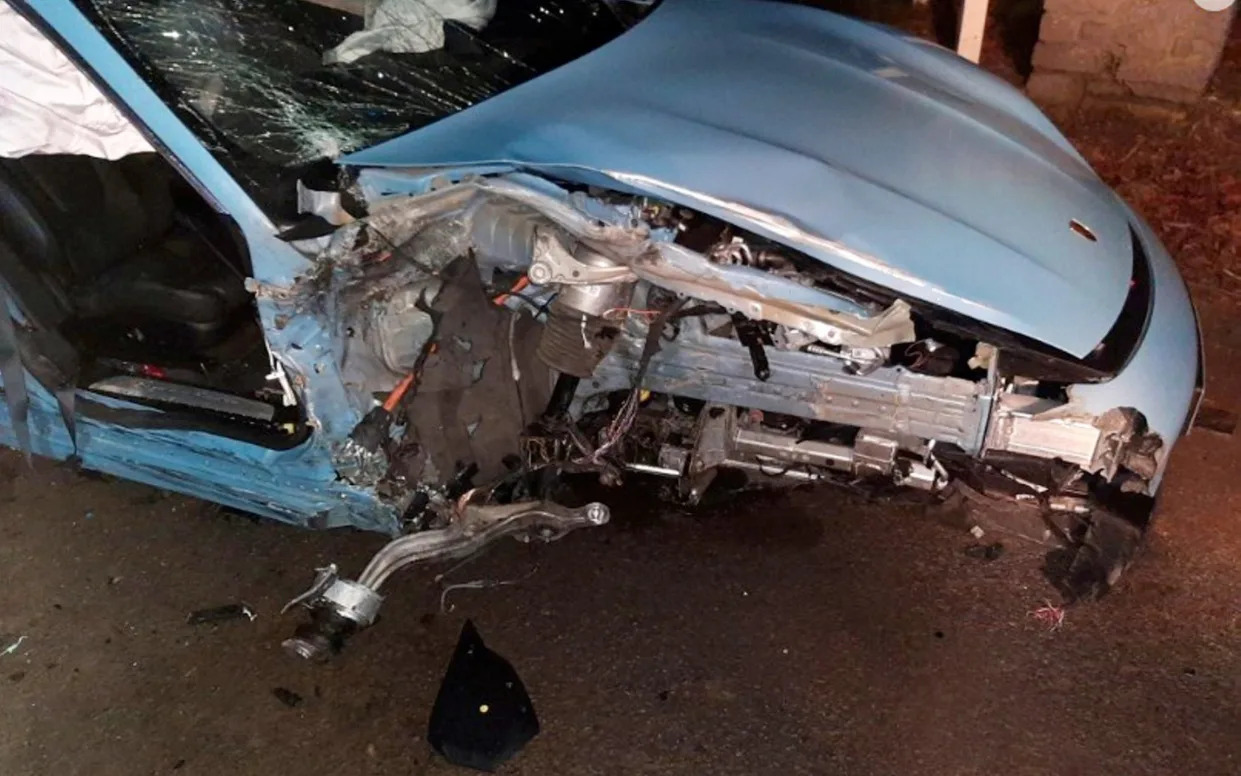 The £80,000 Porsche Taycan belonging to Jason Zibarras after the collision