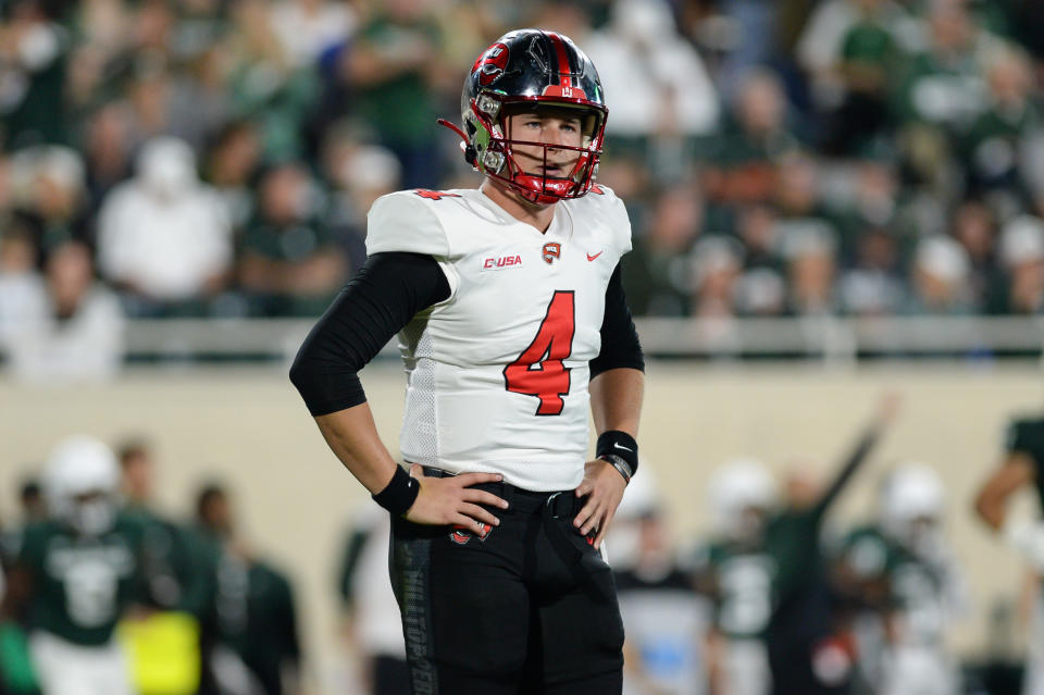 EAST LANSING, MI - OCTOBER 02: Western Kentucky Hilltoppers quarterback Bailey Zappe (4) looks to his bench for a play call during a college football game between the Michigan State Spartans and the Western Kentucky Hilltoppers on October 2, 2021 at Spartan Stadium in East Lansing, MI. (Photo by Adam Ruff/Icon Sportswire via Getty Images)