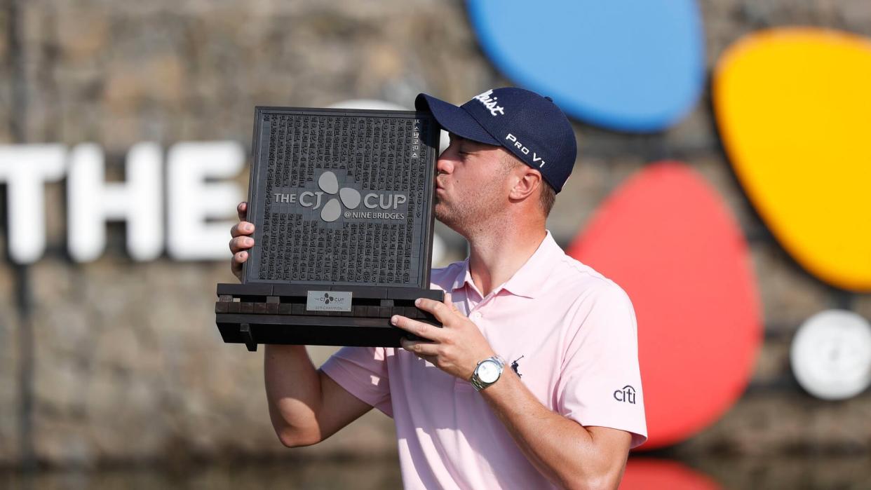 Mandatory Credit: Photo by JEON HEON-KYUN/EPA-EFE/Shutterstock (10450993ap)Justin Thomas of the USA kisses the trophy after winning the CJ Cup at Nine Bridges PGA tour golf tournament at Nine Brid?ges Golf Club in Jeju, South Korea, 20 October 2019.