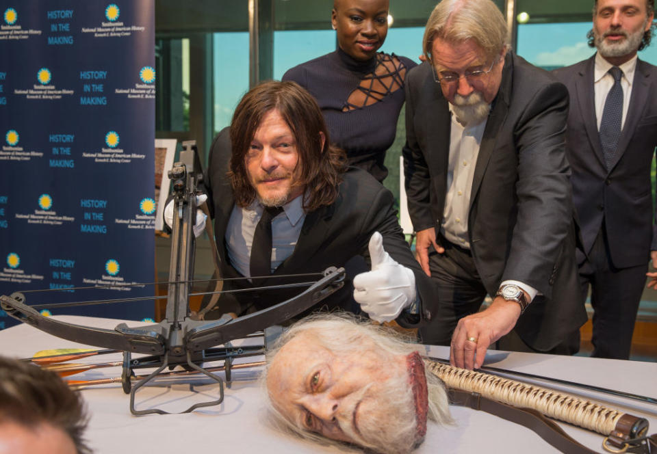 <p>Reedus and the rest of <i>The Walking Dead</i> cast visited the Smithsonian National Museum of American History to donate some unsettling props from the show. Obviously, Reedus approved. (Photo: Tasos Katopodis/Getty Images for AMC) </p>