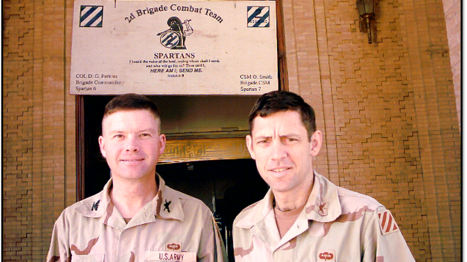 Photographed weeks after major fighting concluded, Col. David Perkins (left) and Lt. Col. Eric Wesley (right) were the top two officers from 2nd Brigade, 3rd Infantry Division during its 2003 invasion of Iraq and successful capture of downtown Baghdad during the Thunder Runs in April of that year. Perkins would later become a four-star general and retire after leading Army Training and Doctrine Command, and Wesley retired as a lieutenant general and deputy commander of Army Futures Command. (Courtesy of Eric Wesley)