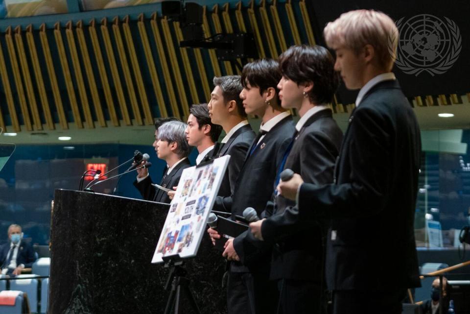 BTS, Special Presidential Envoy for Future Generations and Culture of the Republic of Korea, appear at the United Nations on Monday, Sept. 20, 2021. / Credit: Cia Pak/UN