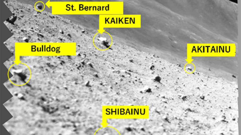 A camera mounted on the SLIM lander reveals a magnified view of the lunar surface and rocks in a mosaic of initial images.  - JAXA/Ritsumeikan University, Aizu University