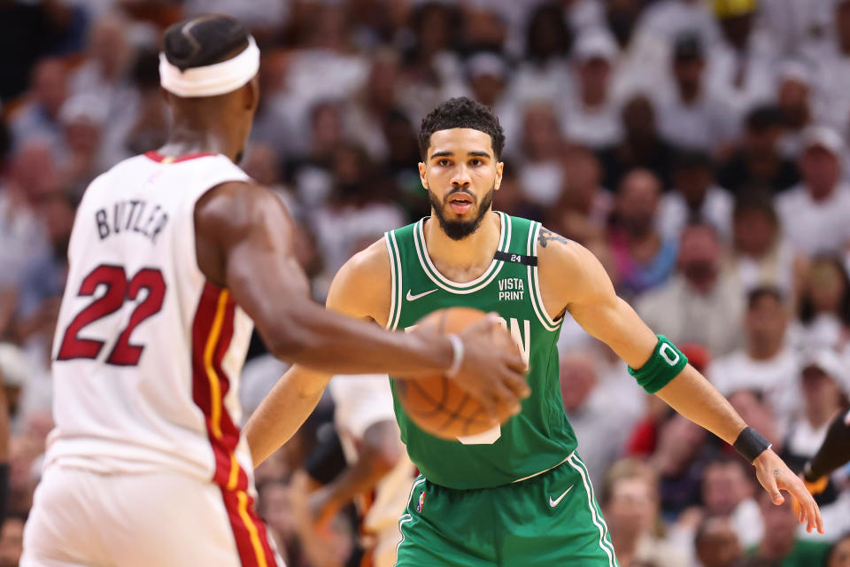 Will you go with both Jayson Tatum and Jimmy Butler in your Game 2 DFS lineup?  (Photo by Michael Reaves/Getty Images)