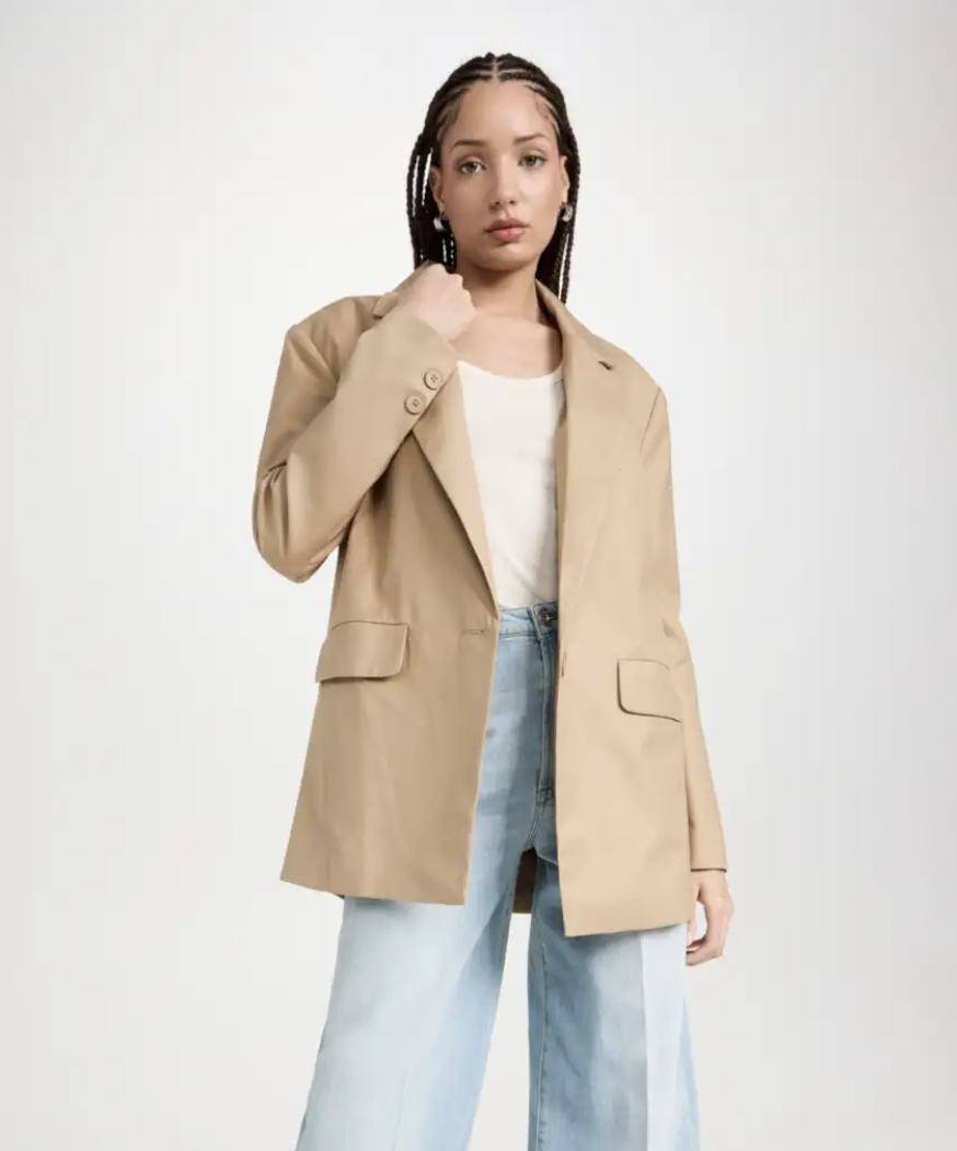 khaki oversized blazer on model with white top