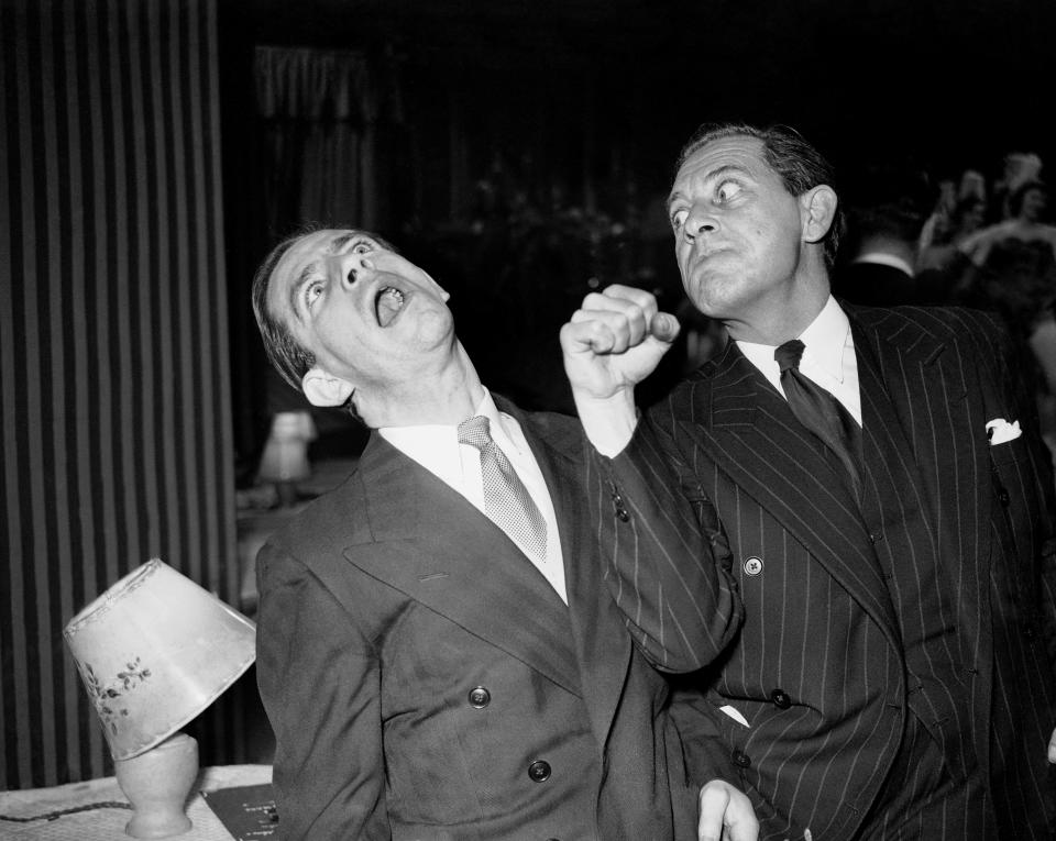 Norman Wisdom (left) and Eddie Leslie at the BBC television show "Top Hat Rendezvous".