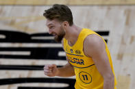 Indiana Pacers forward Domantas Sabonis celebrates during the skills challenge portion of basketball's NBA All-Star Game in Atlanta, Sunday, March 7, 2021. (AP Photo/Brynn Anderson)