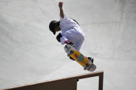 Kokona Hiraki of Japan competes in the women's park skateboarding prelims at the 2020 Summer Olympics, Wednesday, Aug. 4, 2021, in Tokyo, Japan. (AP Photo/Ben Curtis)