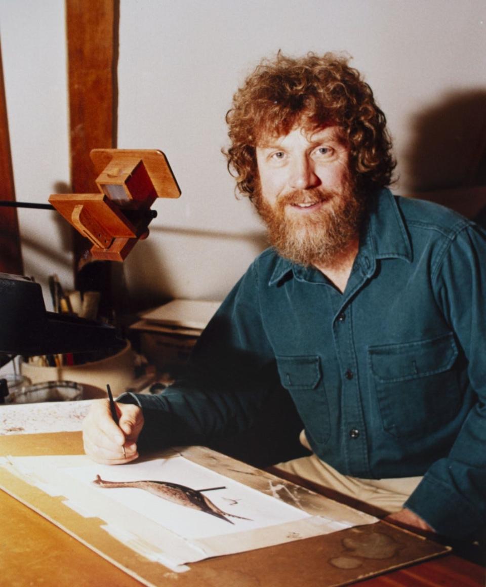 Randy Julius as a young man in his art studio in 1979. He was painting a ruddy turnstone.