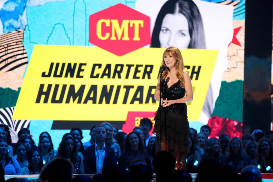 Jane Seymour speaks onstage Sunday during the 2024 CMT Music Awards at Moody Center in Austin, Texas.